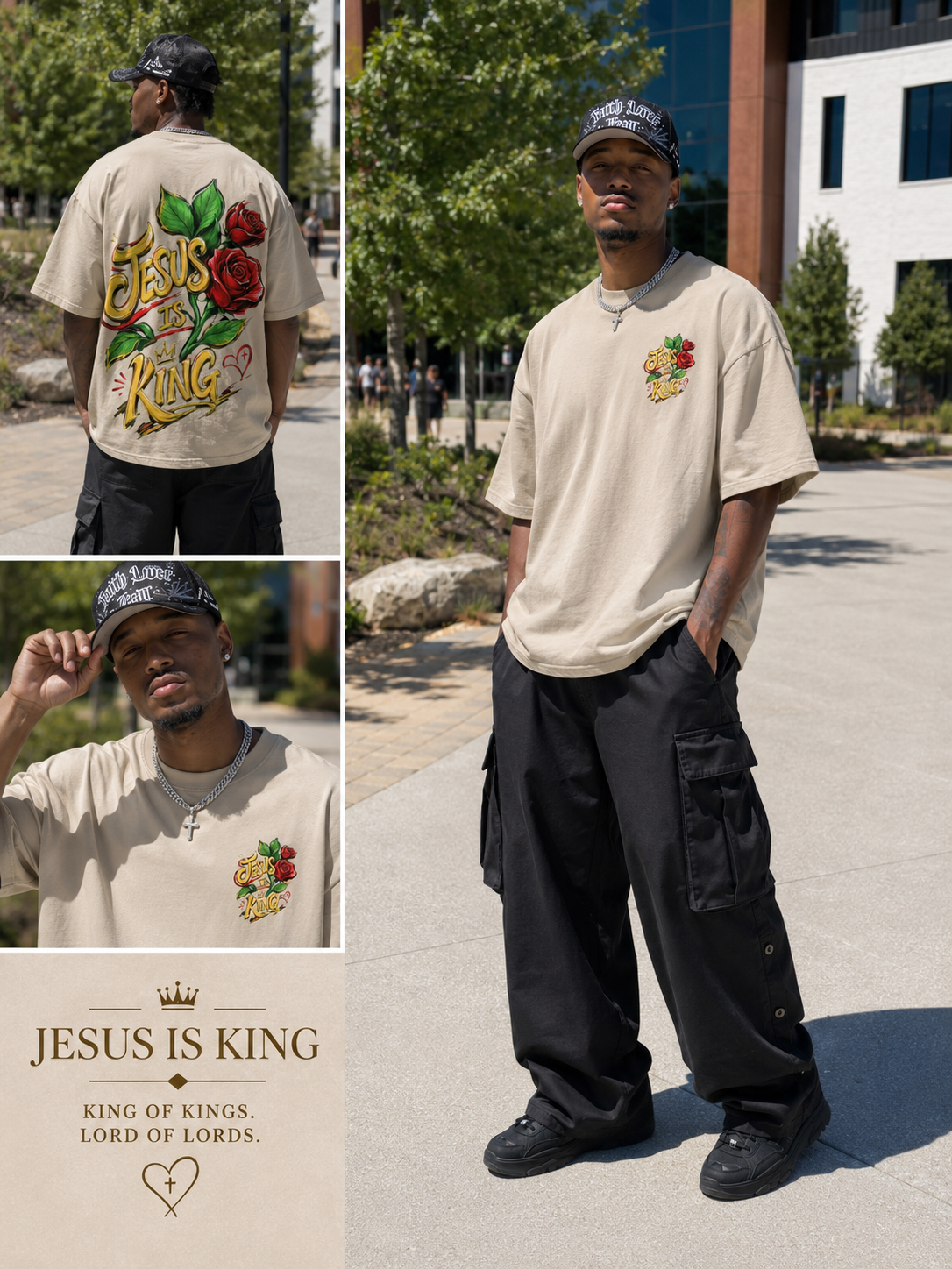 Jesus is king /beige Snow Washed Oversized Cotton T-Shirt